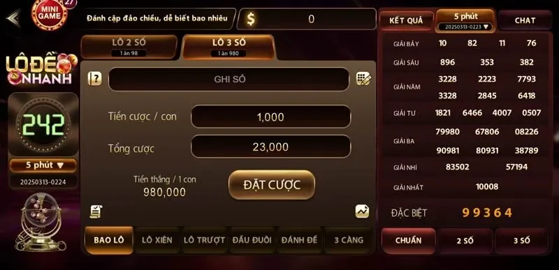 Giao diện đặt cược tại sảnh